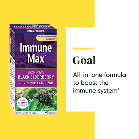 Immune Max Black Elderberry with Vitamins C & D3 + Zinc from Enzymedica discussing the Goals of the product
