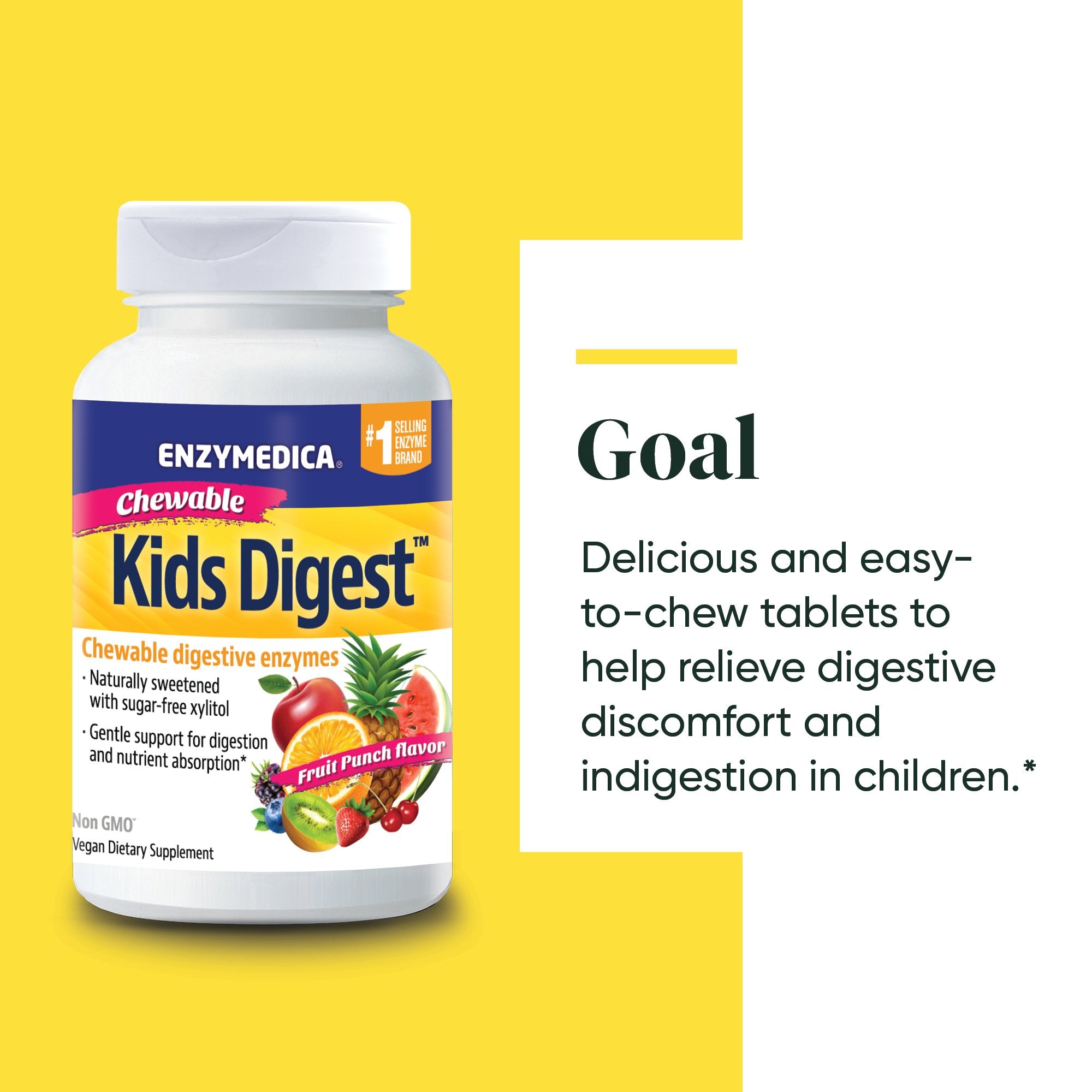 Chewable Kids Digest supplement from Enzymedica discussing the Goals of the product