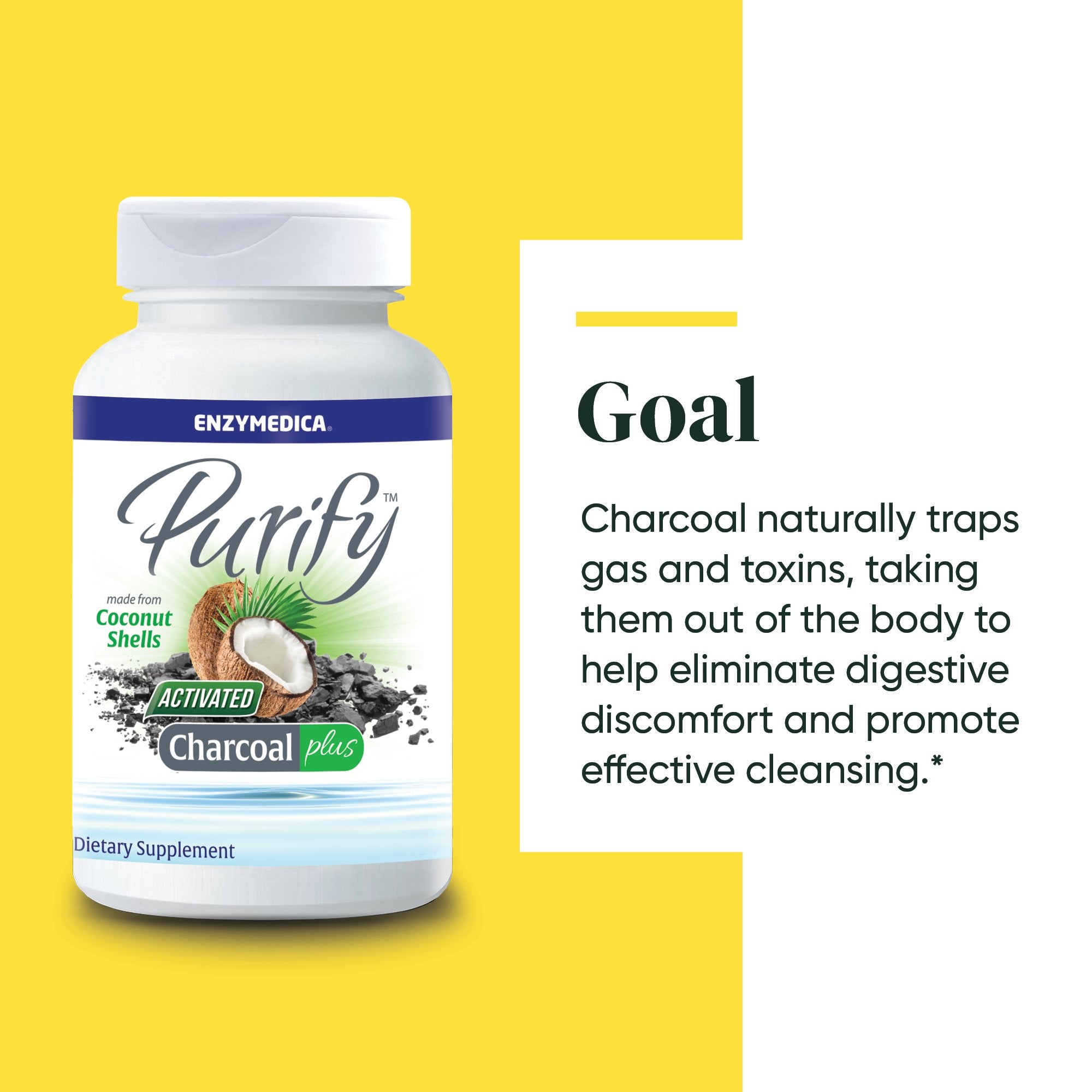 Purify Activated Charcoal Plus supplement from Enzymedica discussing the Goals of the product